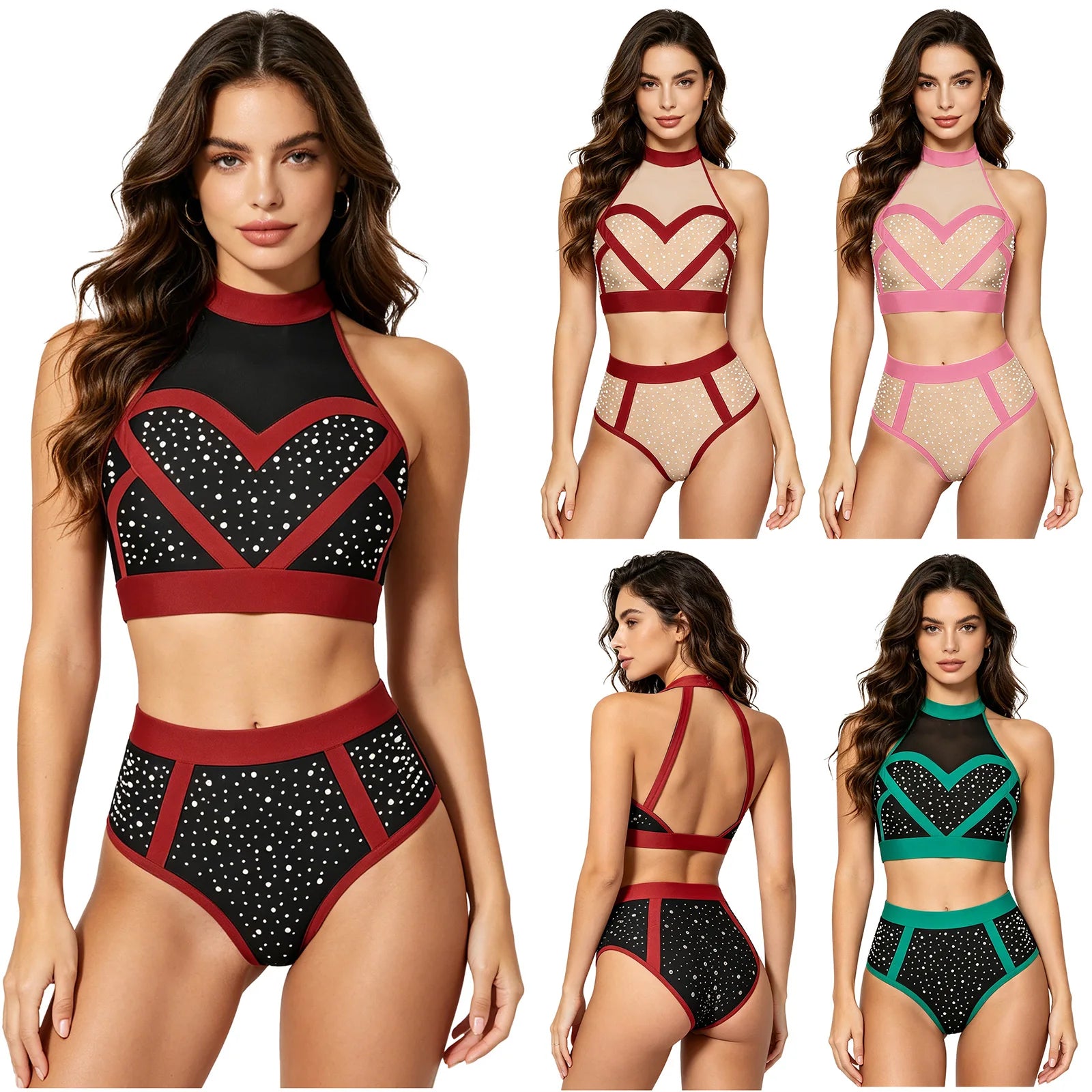 Rhinestone Halter Crop Top & High-Waist Briefs Set Sparkle Two-Piece Dance Set