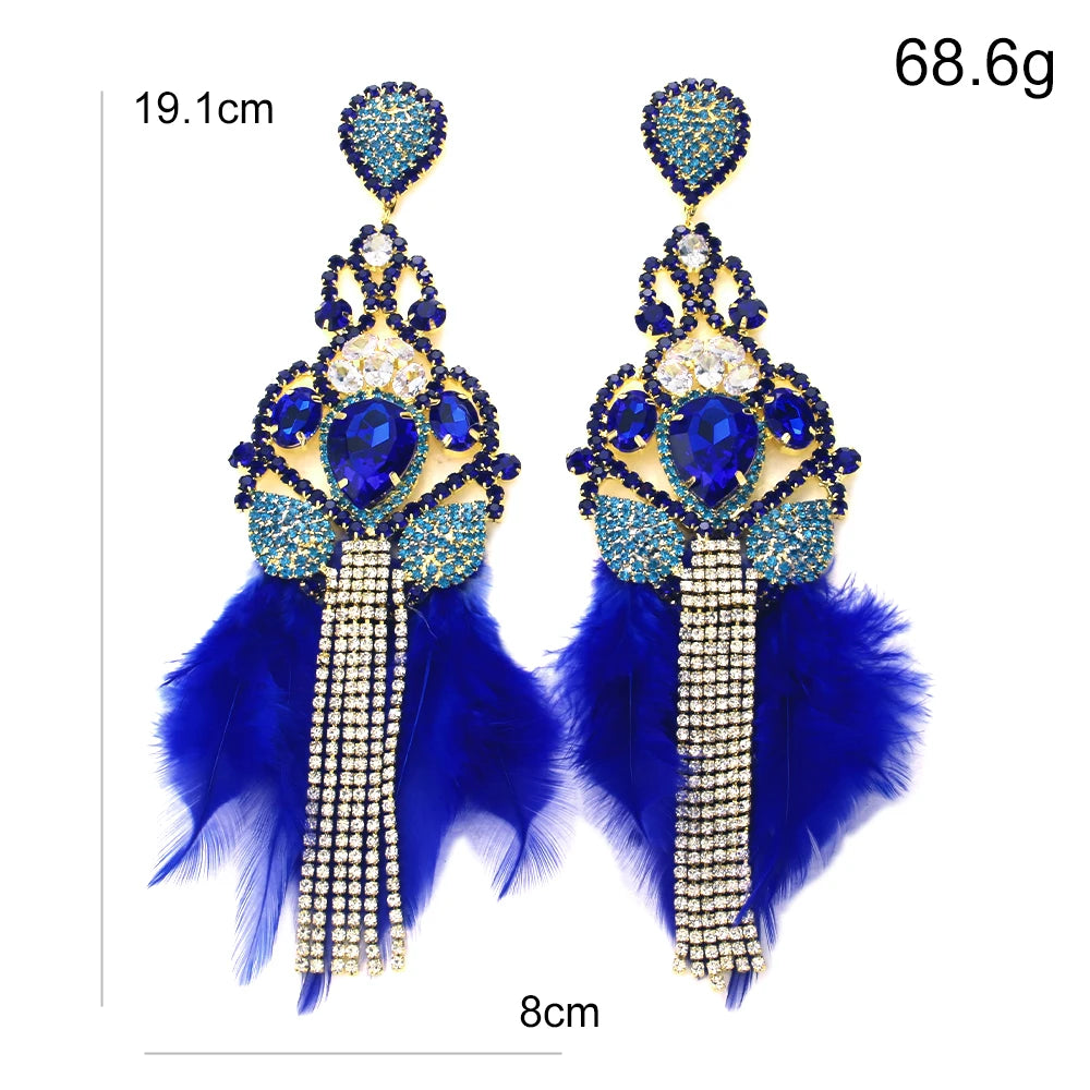Sparkly Royal Blue Feather Rhinestone Tassel Dangle Earrings Stage Jewelry
