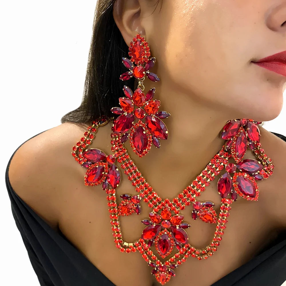 Leaf Rhinestone Necklace Earrings Set