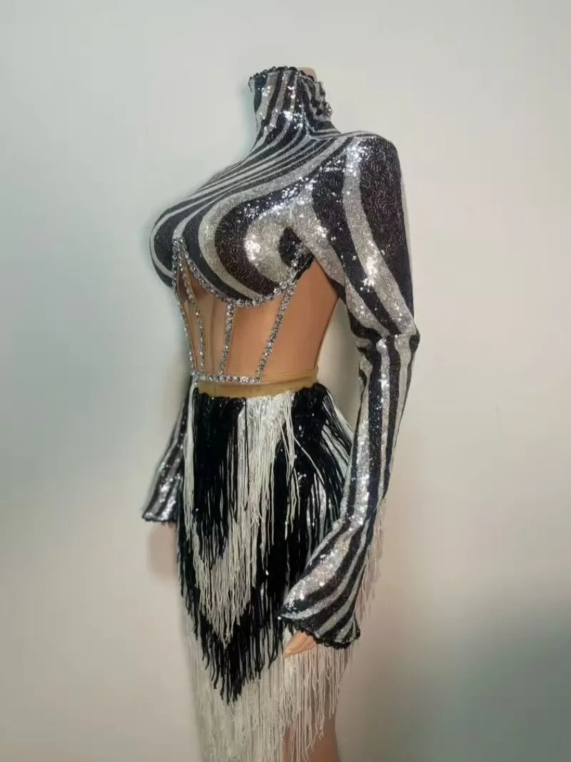 Sparkly Black & Silver Striped Sequin Long Sleeve Mini Skirt Set Costume