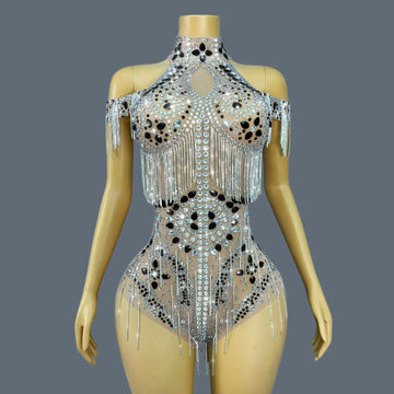 Luxury Rhinestone Sheer Mesh Bodysuit Drag Queen Stage Costume Leotard