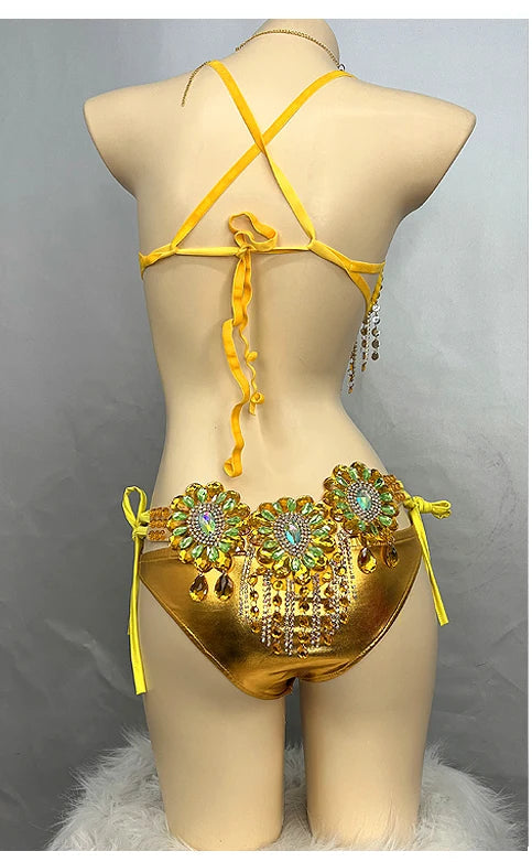 Sparkly Samba Carnival Stone Wire Bra, Belt & Necklace Three-Piece Costume Set