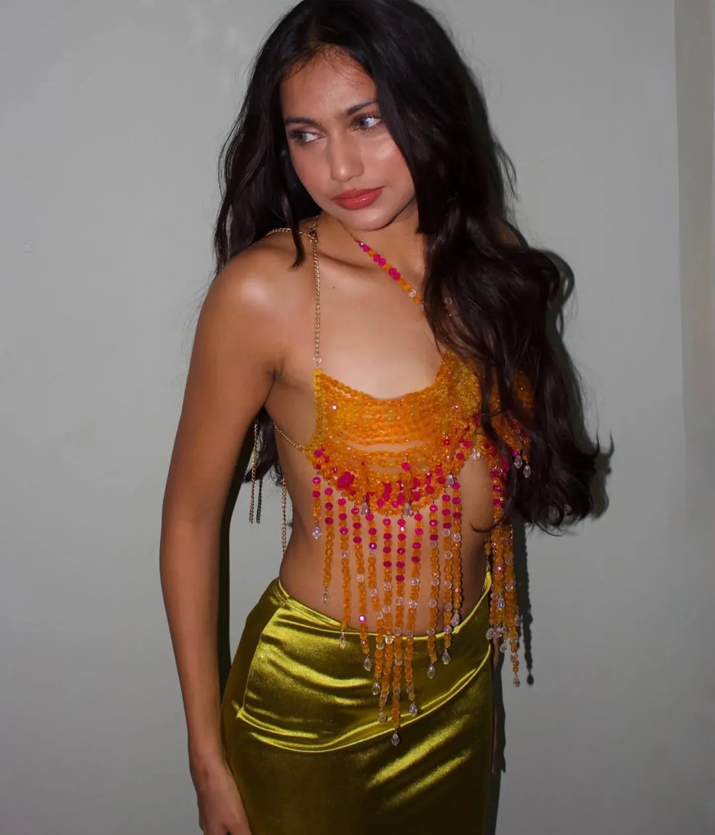 Handmade Multilayer Beaded Bra Chain & Vibrant Sunset Chest Harness