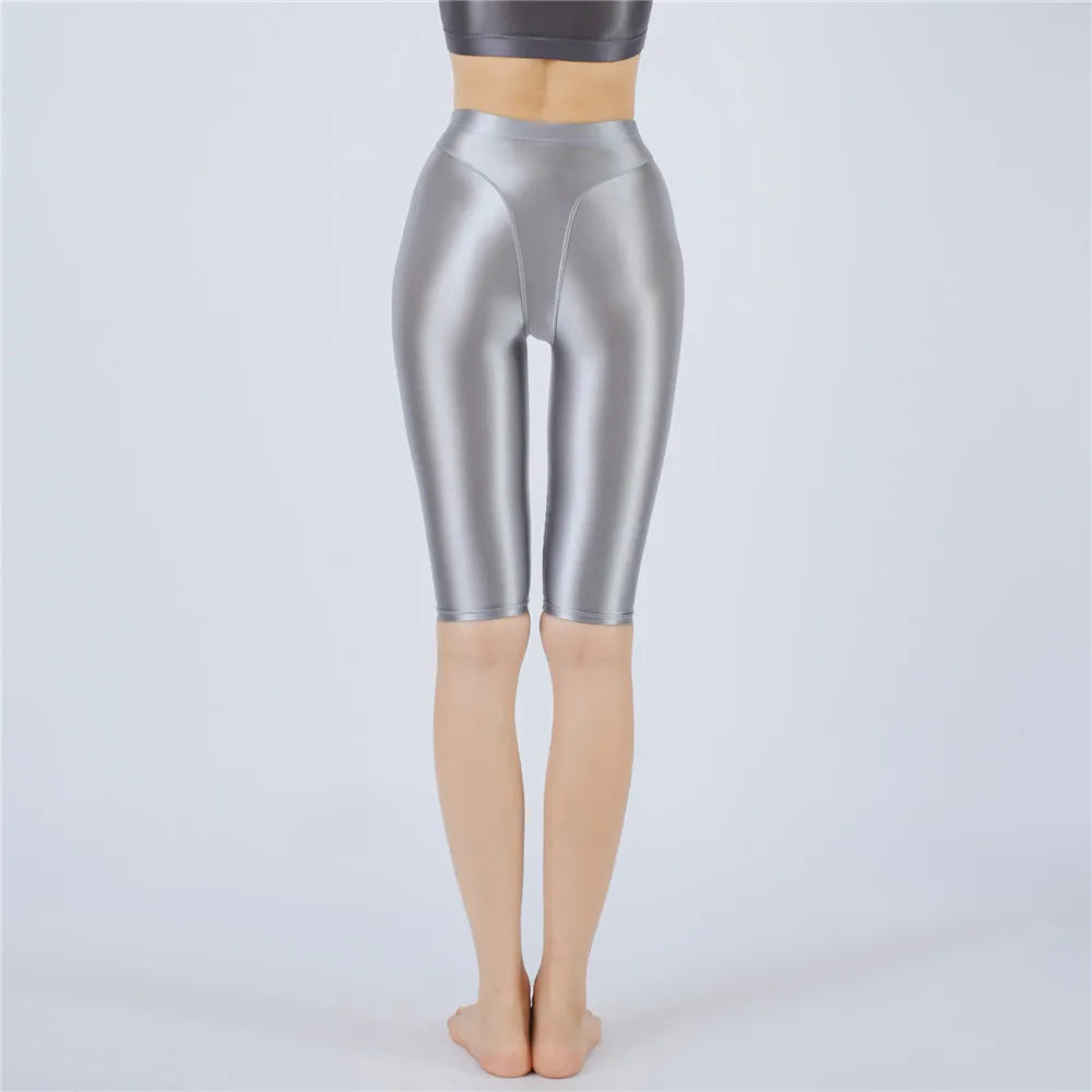 Oil Glossy High-Stretch Knee-Length Shorts Satin Shine Performance Biker Shorts