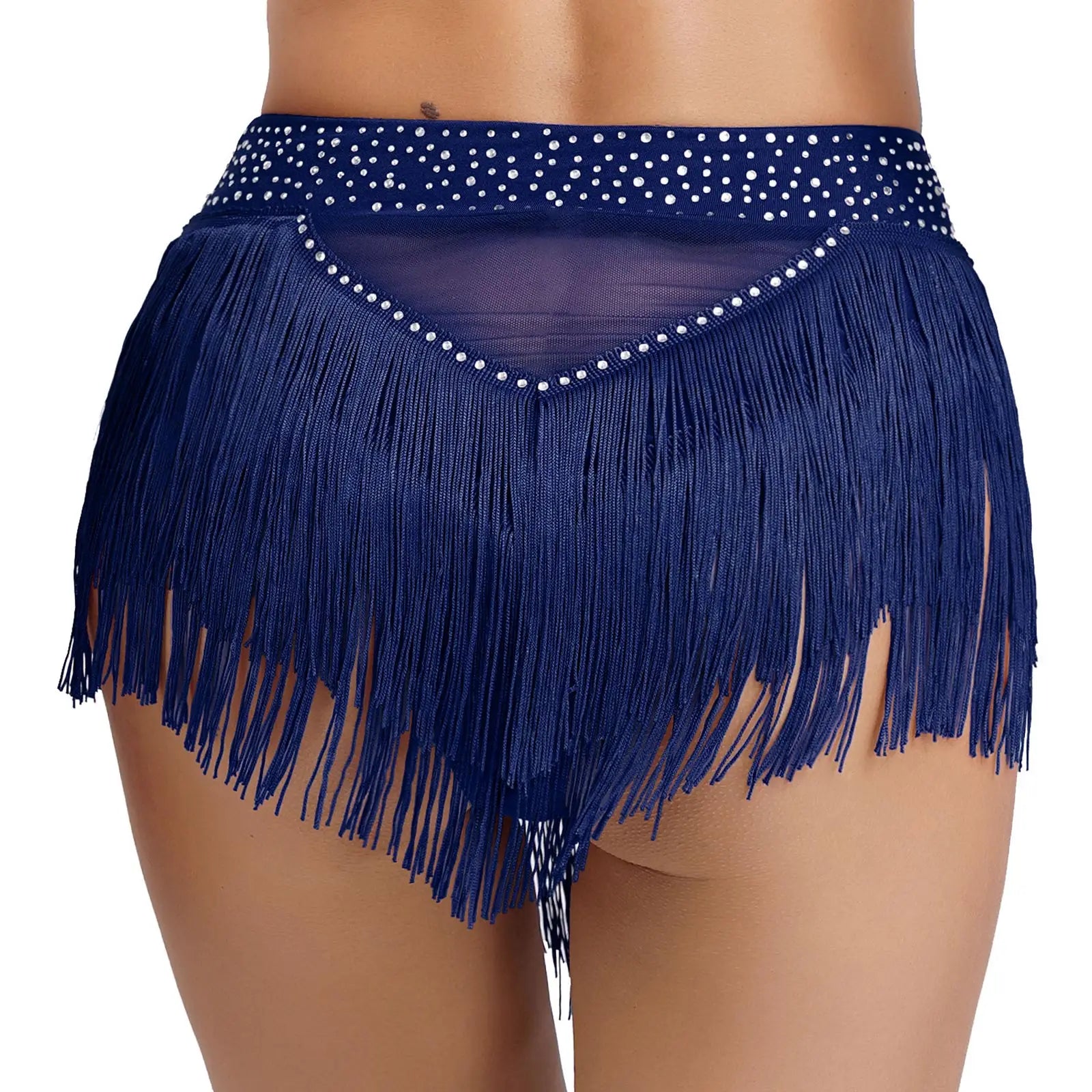 Rhinestone Tassel High-Waist Dance Shorts & Sheer Mesh Fringe Skirt