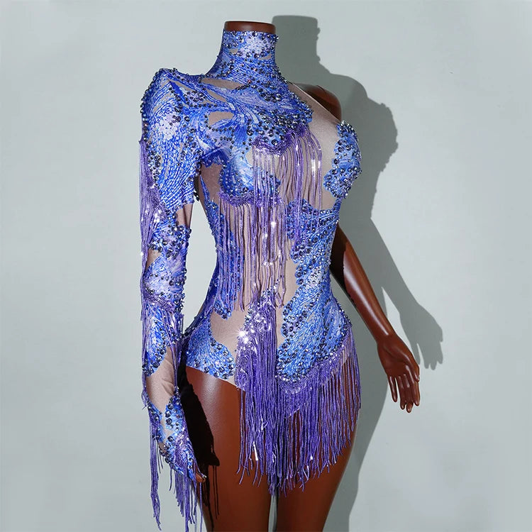 Leopard Sequin Fringe Asymmetrical Bodysuit One-Sleeve Stage Performance Costume