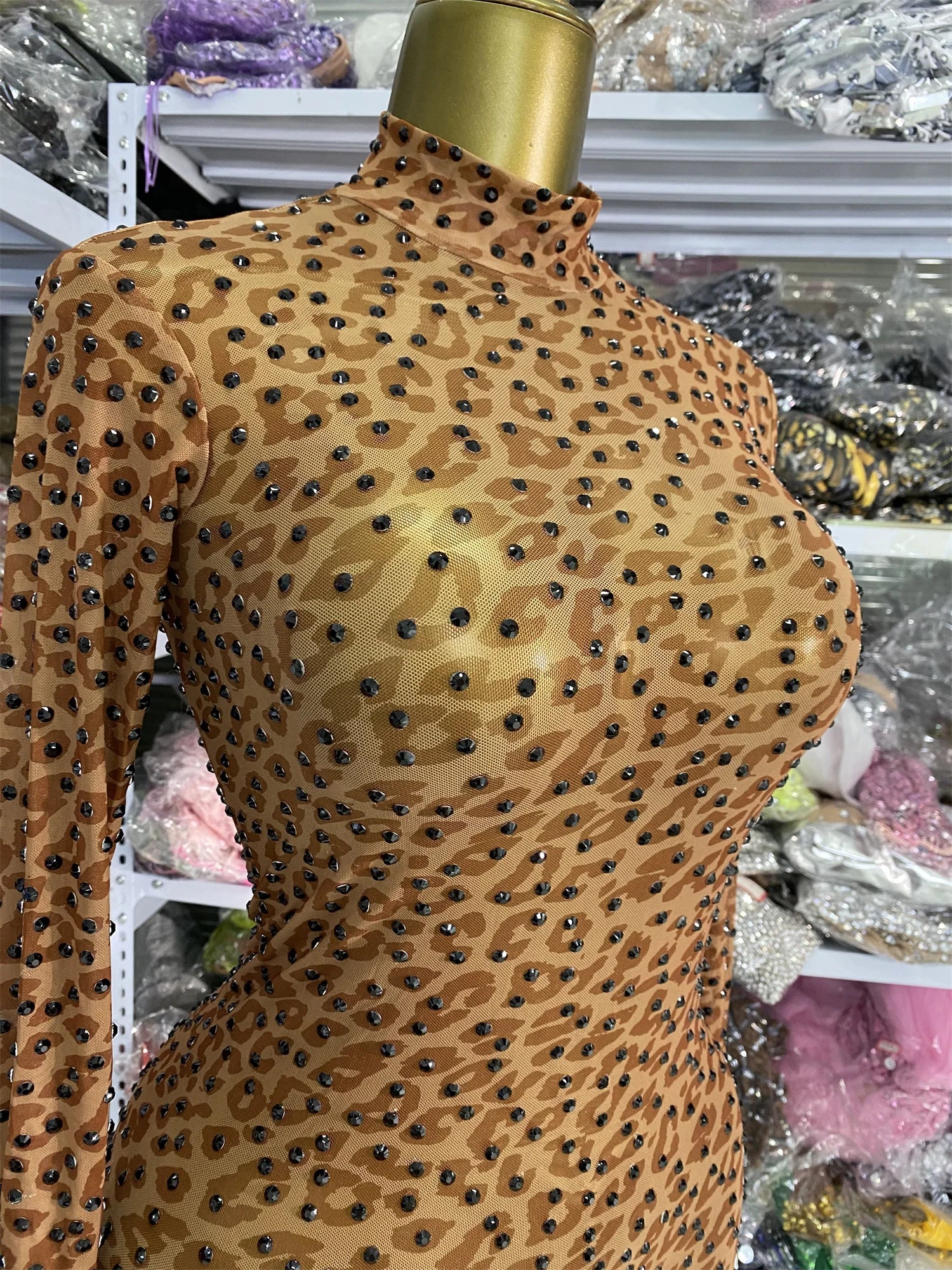 Leopard Print Rhinestone Catsuit Long Sleeve Stage Performance Jumpsuit