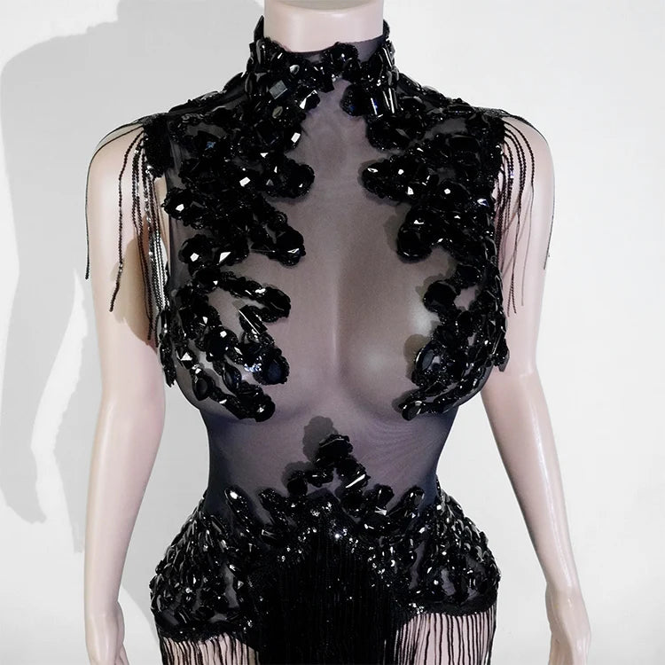 The Stardust Midnight Cabaret Bodysuit – Luxury Rhinestone & Mesh Showgirl Costume