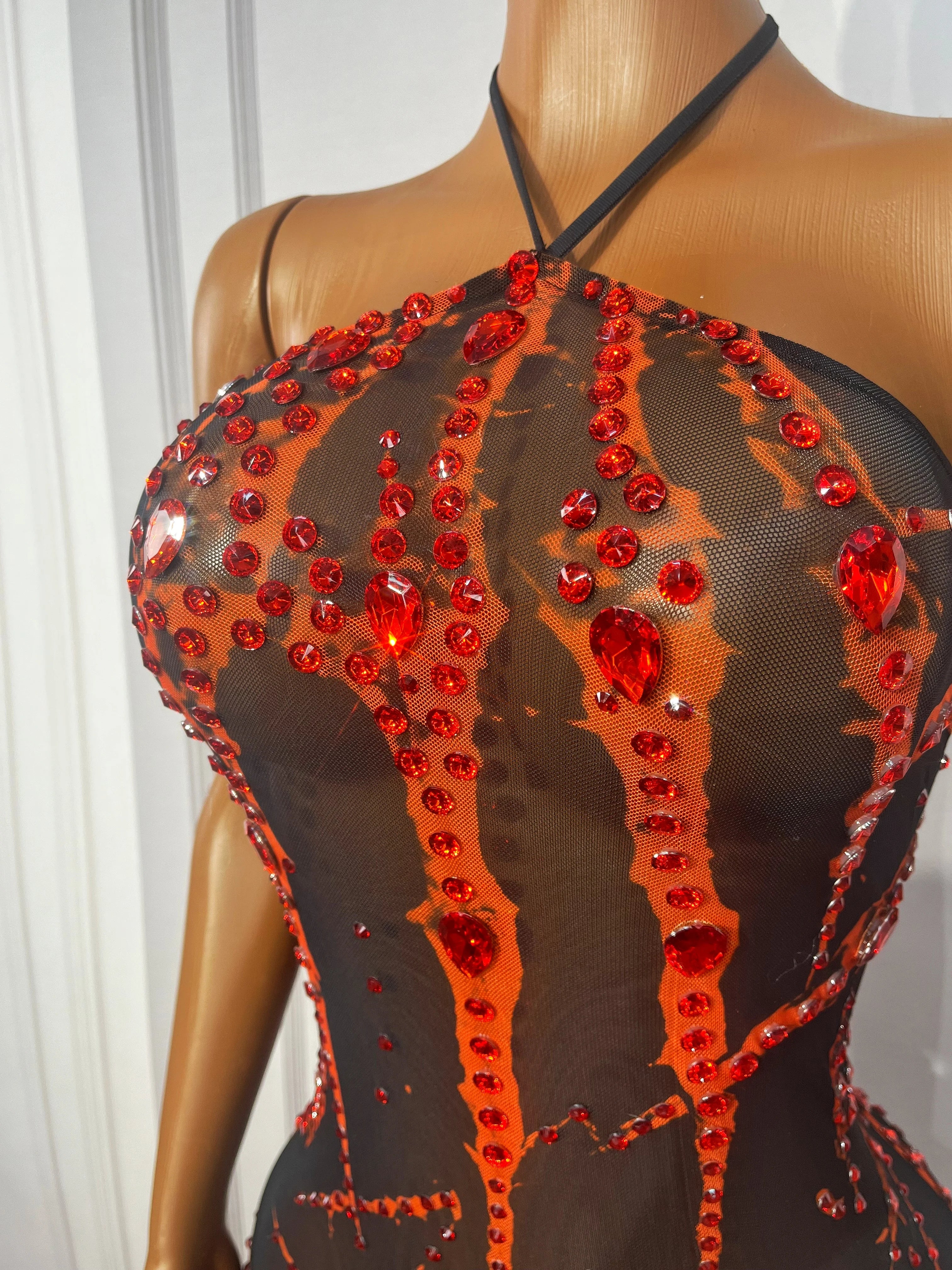 Crimson & Black Graphic Rhinestone Halter Maxi Gown Backless Illusion Evening Dress