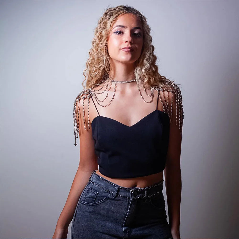 Oversized Crystal Rhinestone Shoulder Chain Tassel Harness Drag Queen Stage Jewelry