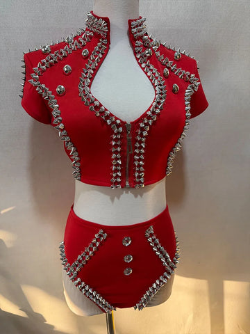 Sparkly Red Rhinestone Top & Shorts Set Gogo Showgirl Performance Outfit