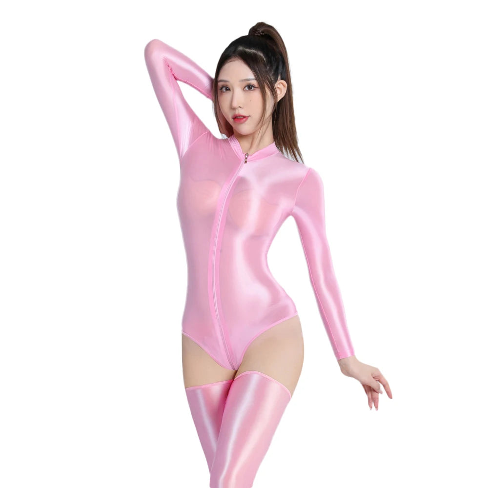 Zipper Open Crotch High Cut Oil Glossy Bodysuit Satin Sheer Maid Leotard