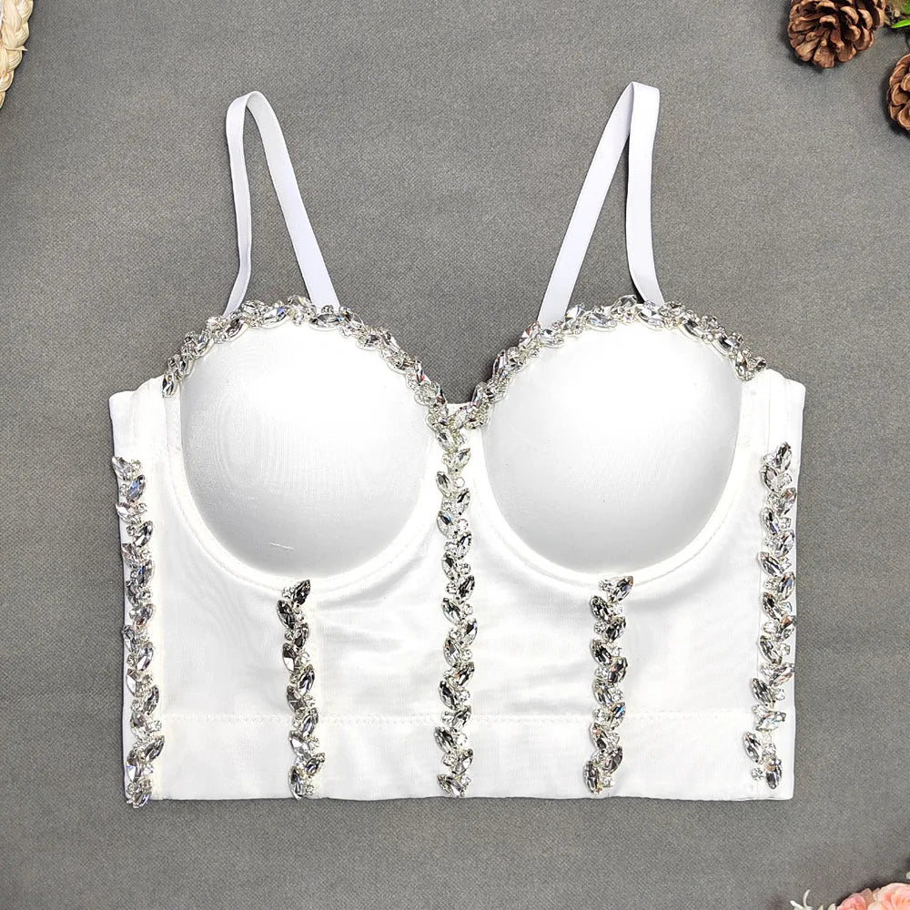 Crystal Chain Strap Bustier Corset Crop Top Hook-and-Eye Stage Bralette