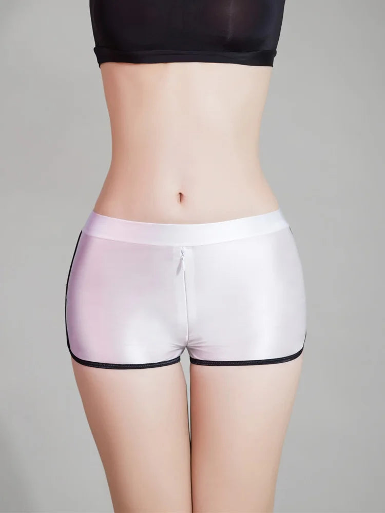Sexy Women Zipper Open Crotch Yoga Elasitc Shorts Stain Smooth Oil Glossy Shiny Tight Casual See Through Beachwear Fitness Short