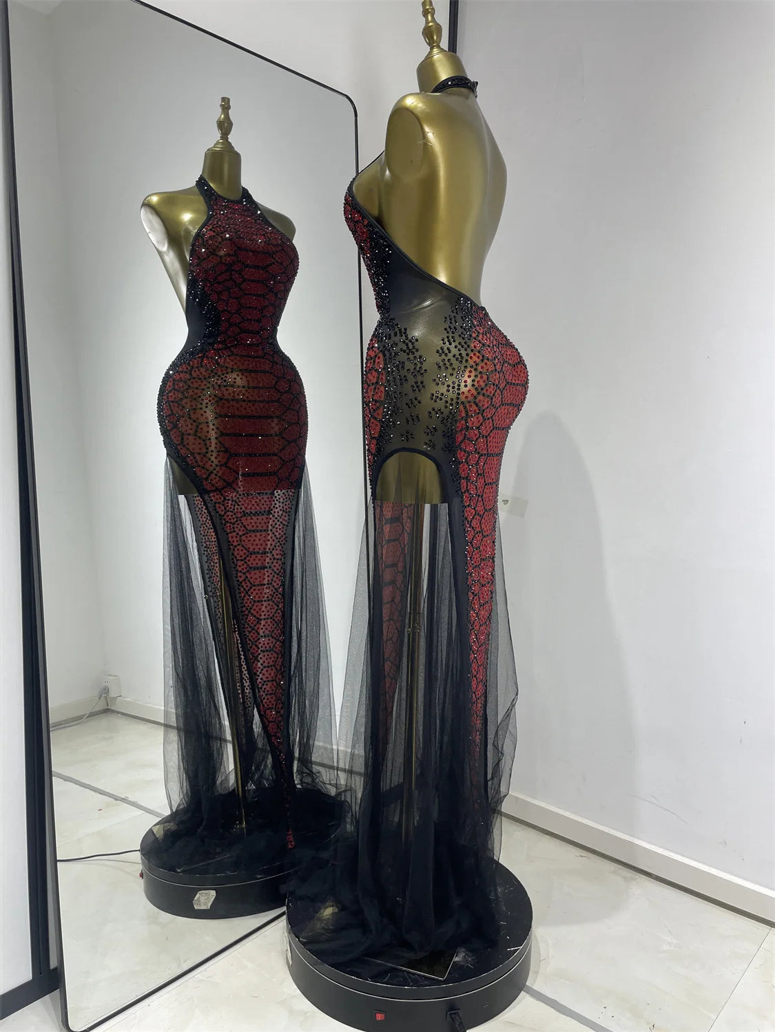 Claret Red Snakeskin Rhinestone Halter Gown Backless Mesh Illusion Evening Maxi Dress