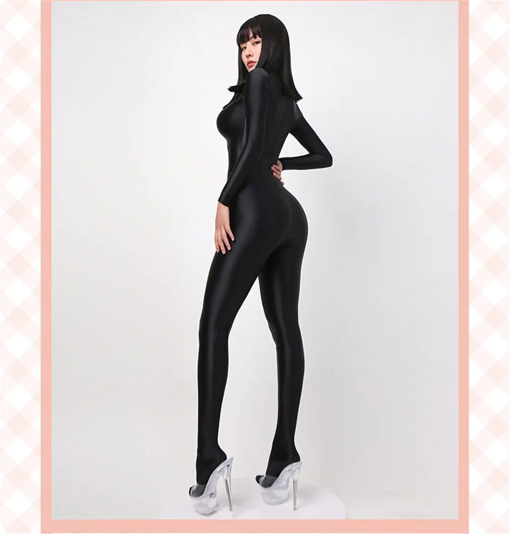 Women Oily Glossy Long Sleeve Elastic Bodysuit Bodycon Rompers One-piece Swimsuit Silky Tights Satin Pantyhose Jumpsuits Thong