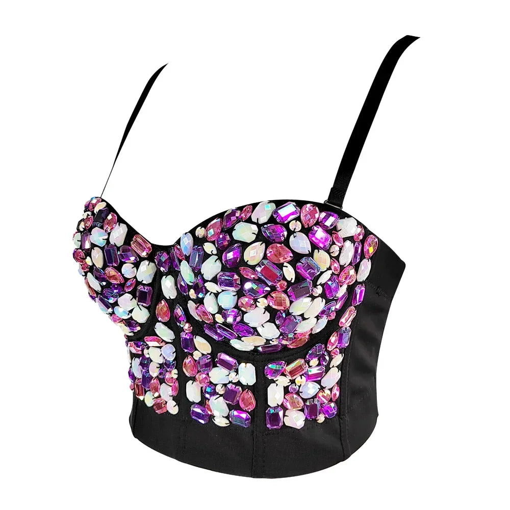 Sparkly Diamond Rhinestone Corset Top Showgirl Stage Performance Push-Up Bustier