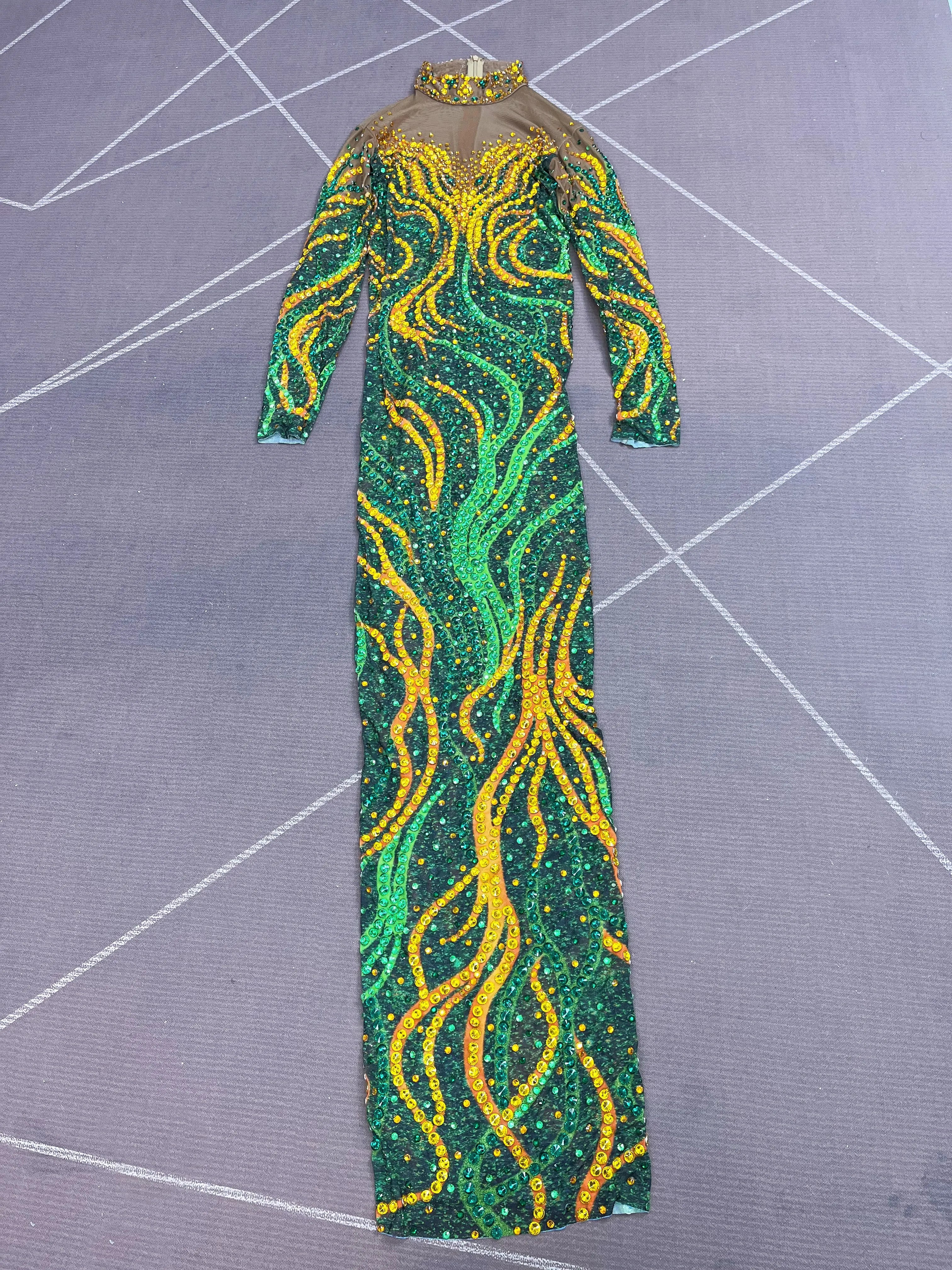 Gold & Emerald Swirl Rhinestone Illusion Maxi Gown Long Sleeve Floor-Length Evening Dress