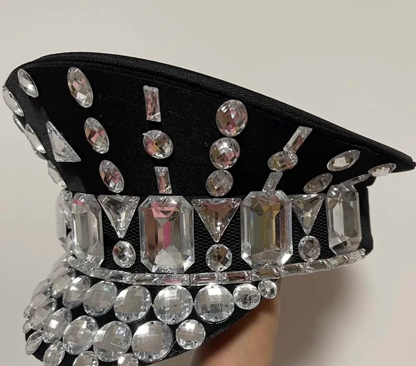 Rhinestone Studded Military Captain Hat & Stage Performance Security Cap