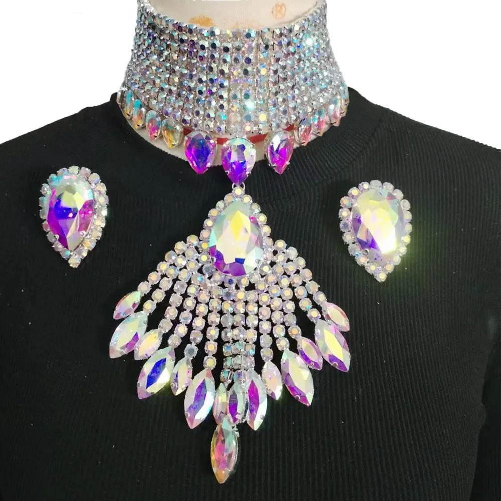 Oversized Crystal Rhinestone Tassel Choker & Earrings Drag Queen Jewelry Set
