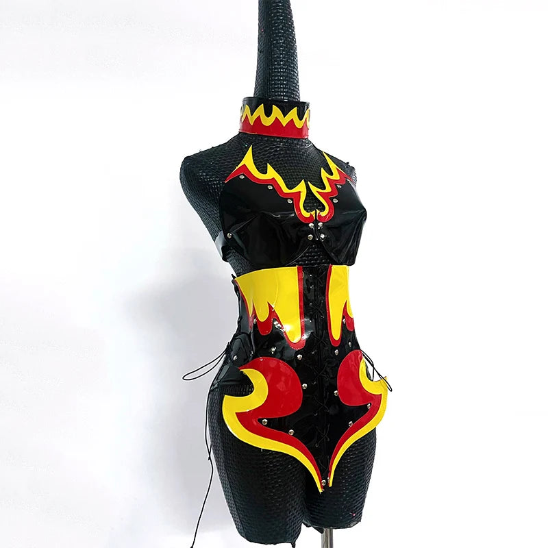 PU Leather Flame Bikini, Collar & Harness Shorts 3-Piece Gogo Performance Costume Set