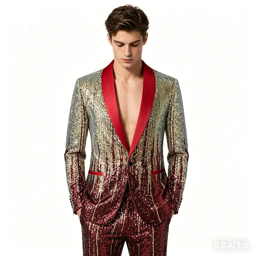 Men's Luxury Gradient Sequin Blazer Shawl Lapel Formal Stage Tuxedo Jacket