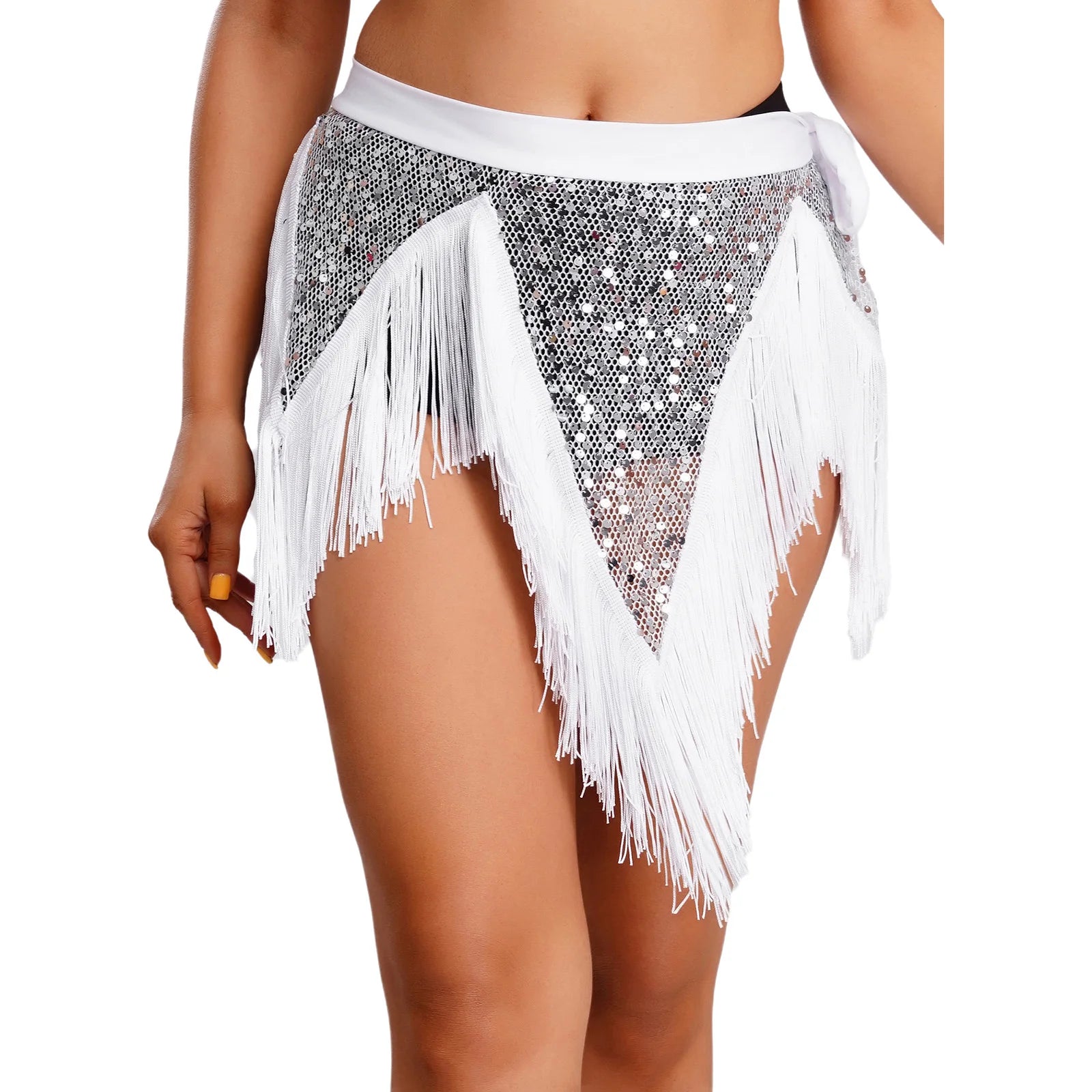 Glitter Sequin Fishnet Mesh Hip Scarf & Tassel Waist Wrap Belly Dance Skirt