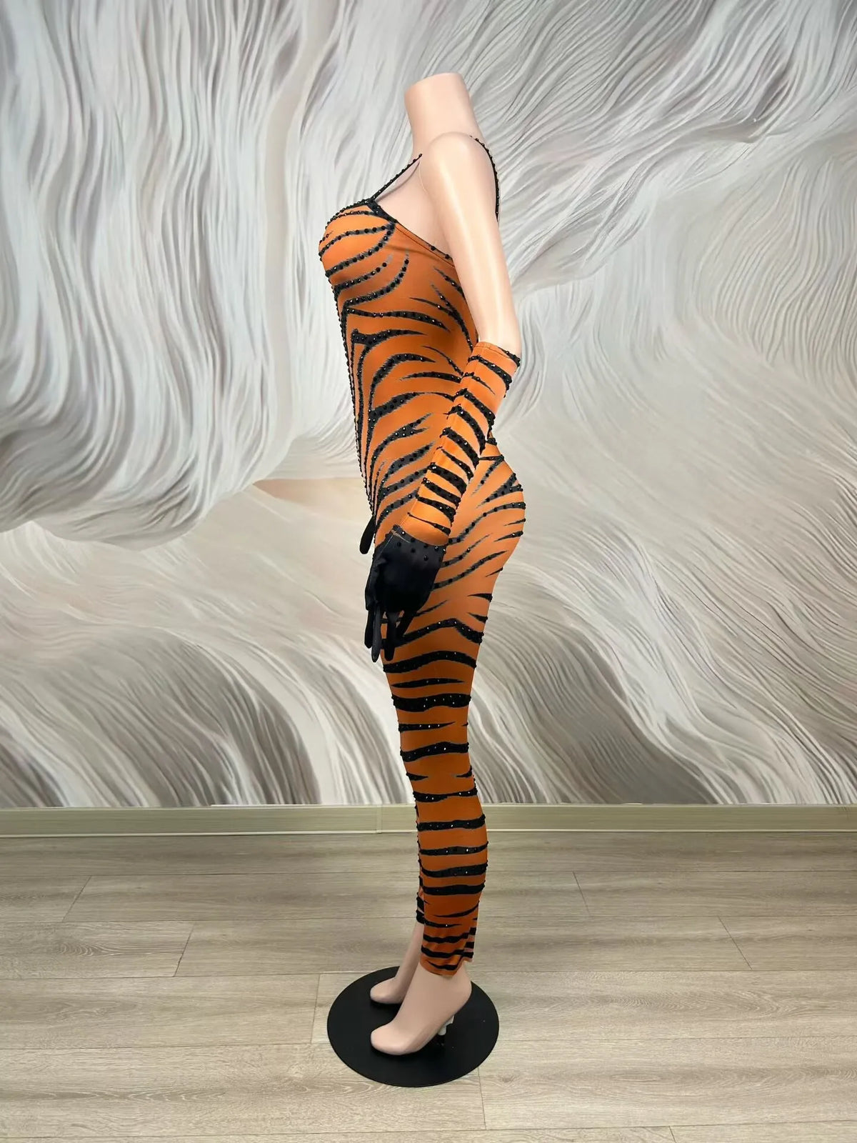 Women's Tiger Stripe Strapless Bodycon Jumpsuit | Sexy Stage Costume for Club, Festival & Halloween