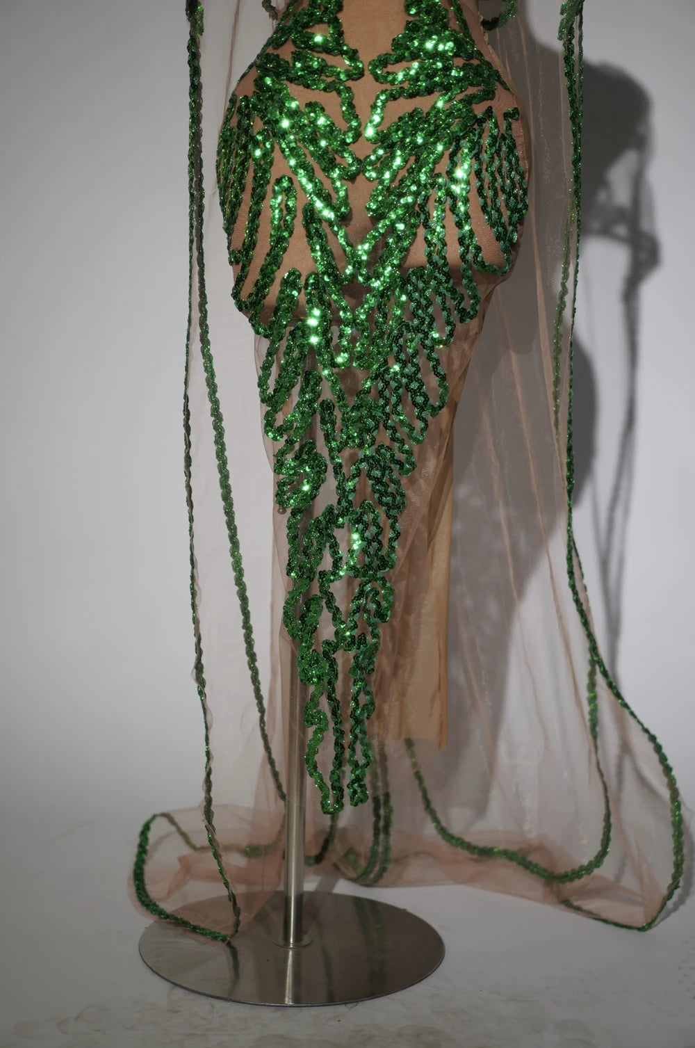 Sparkly Green Sequin Sheer Mesh Evening Gown with Cloak Stage Performance Costume