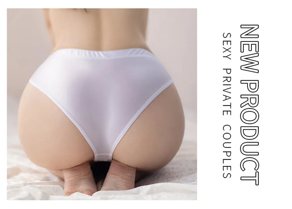 Sexy Smooth Shiny High Waist G-string Sheer See Through Brief Candy Color Elastic T-Back Oil Thong UnderWear Erotic Lingerie