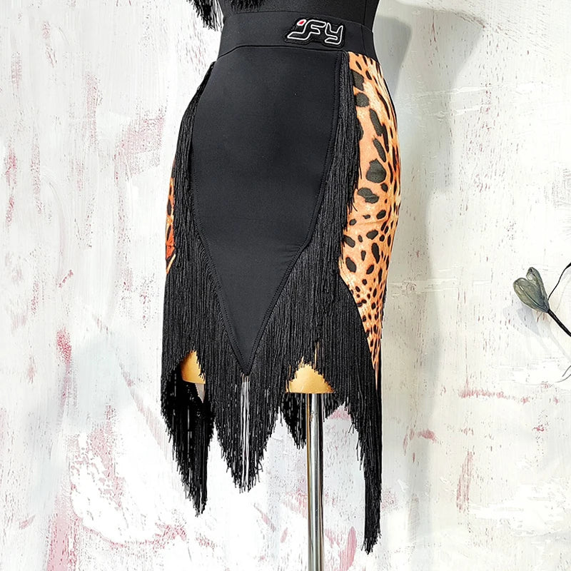Black Open-Back Leotard & Leopard Print Fringe Skirt Latin Dance Costume Set