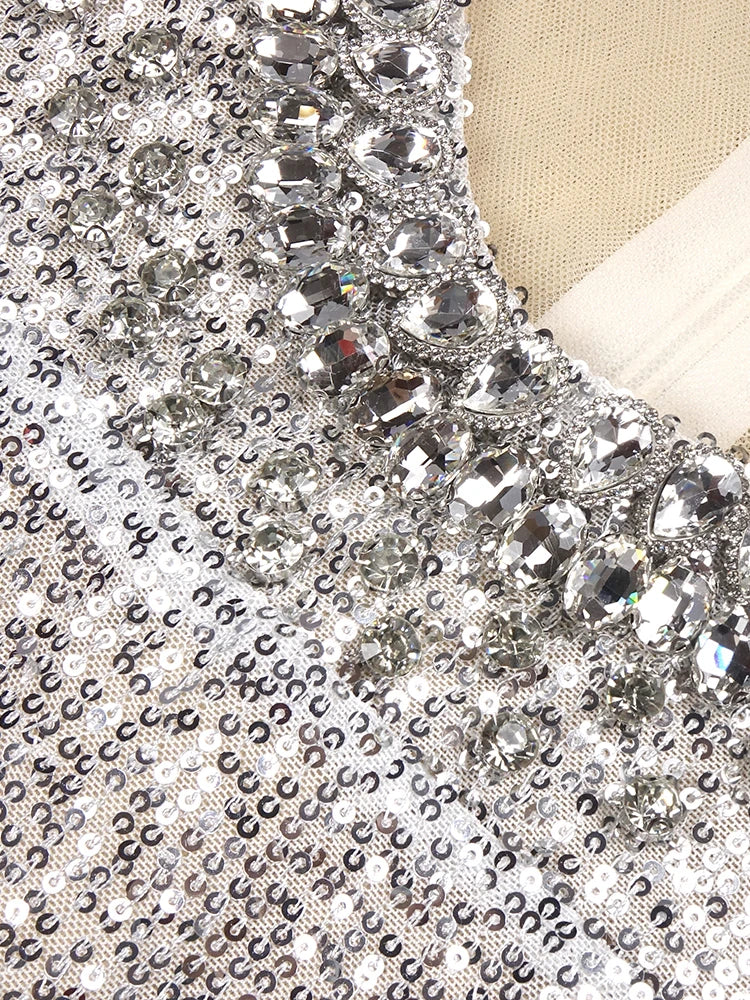 Silver Rhinestone High-Slit Gown