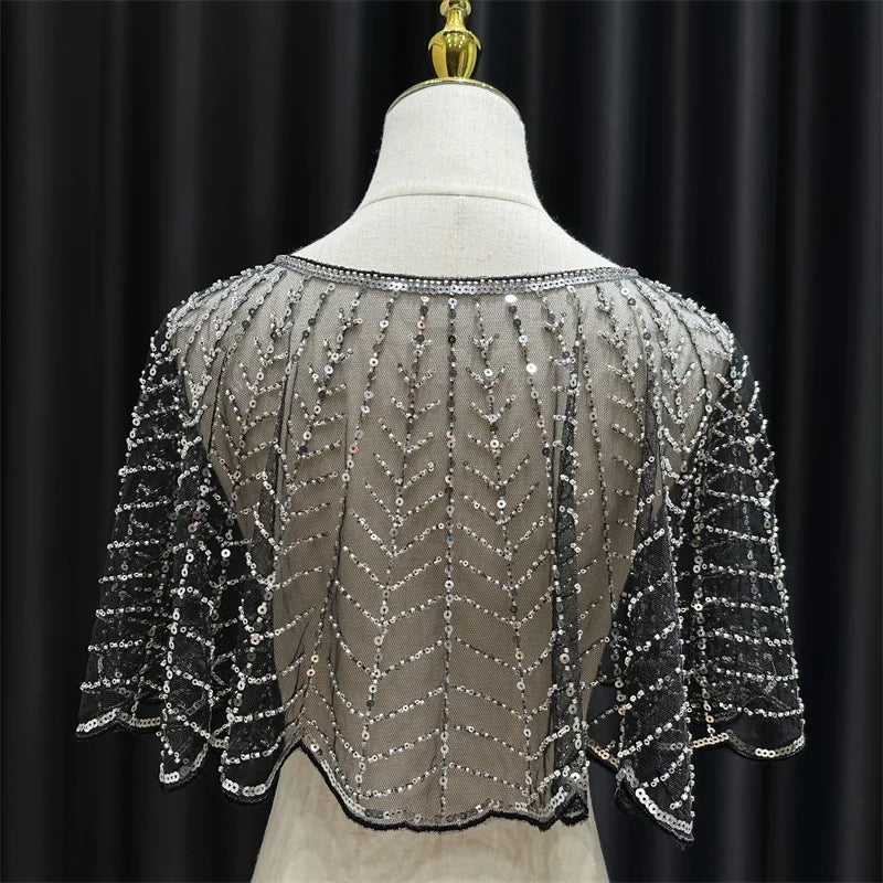 Sparkly Sequin & Beaded Leaf Mesh Capelet Evening Shawl Bolero Jacket