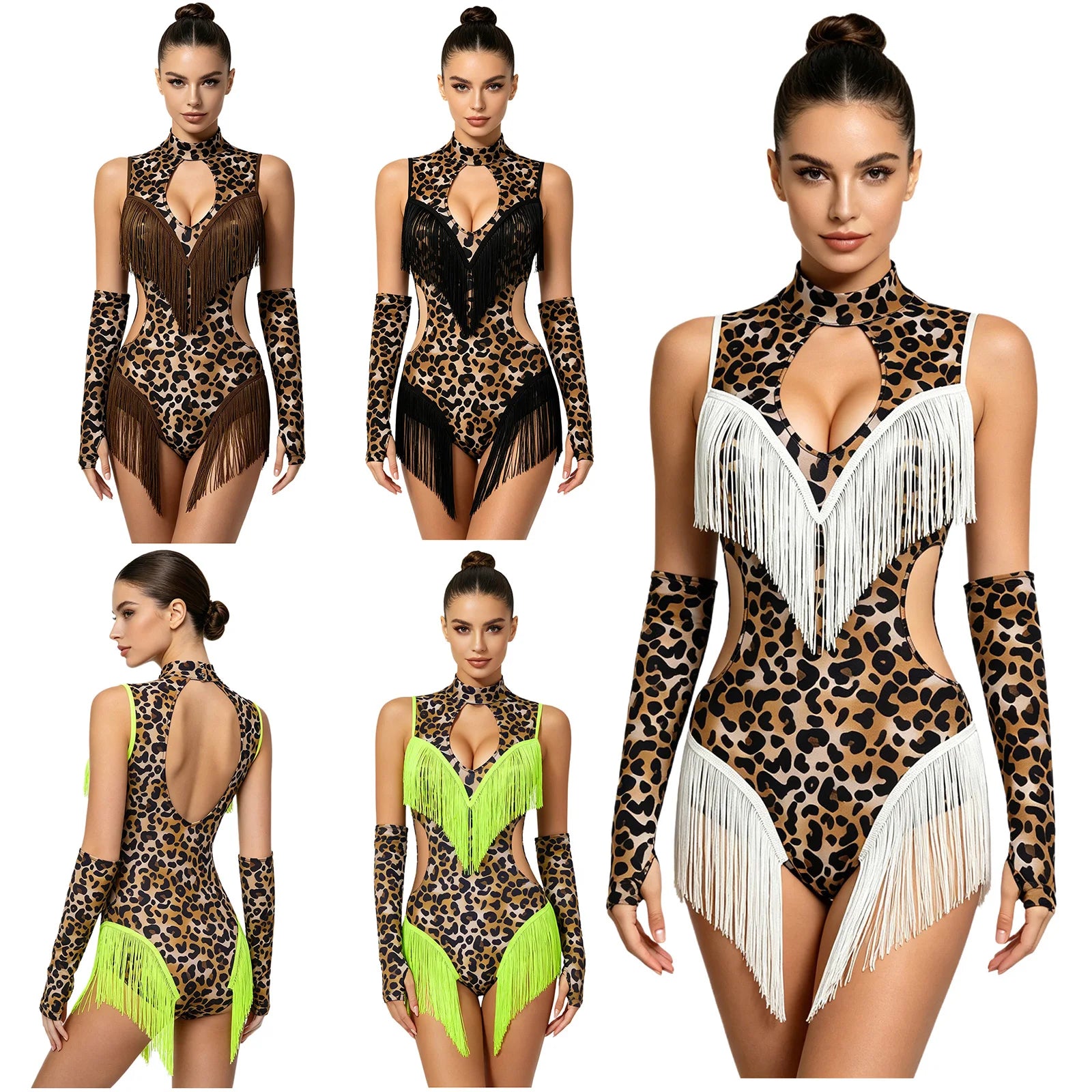 Leopard Cutout Bodysuit & Fringe Sleeves 2-Piece Latin Ballroom Stage Costume Set