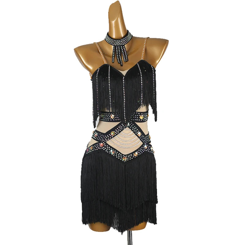 Professional Latin Dance Competition Dress & Tassel Fringe Performance Outfit