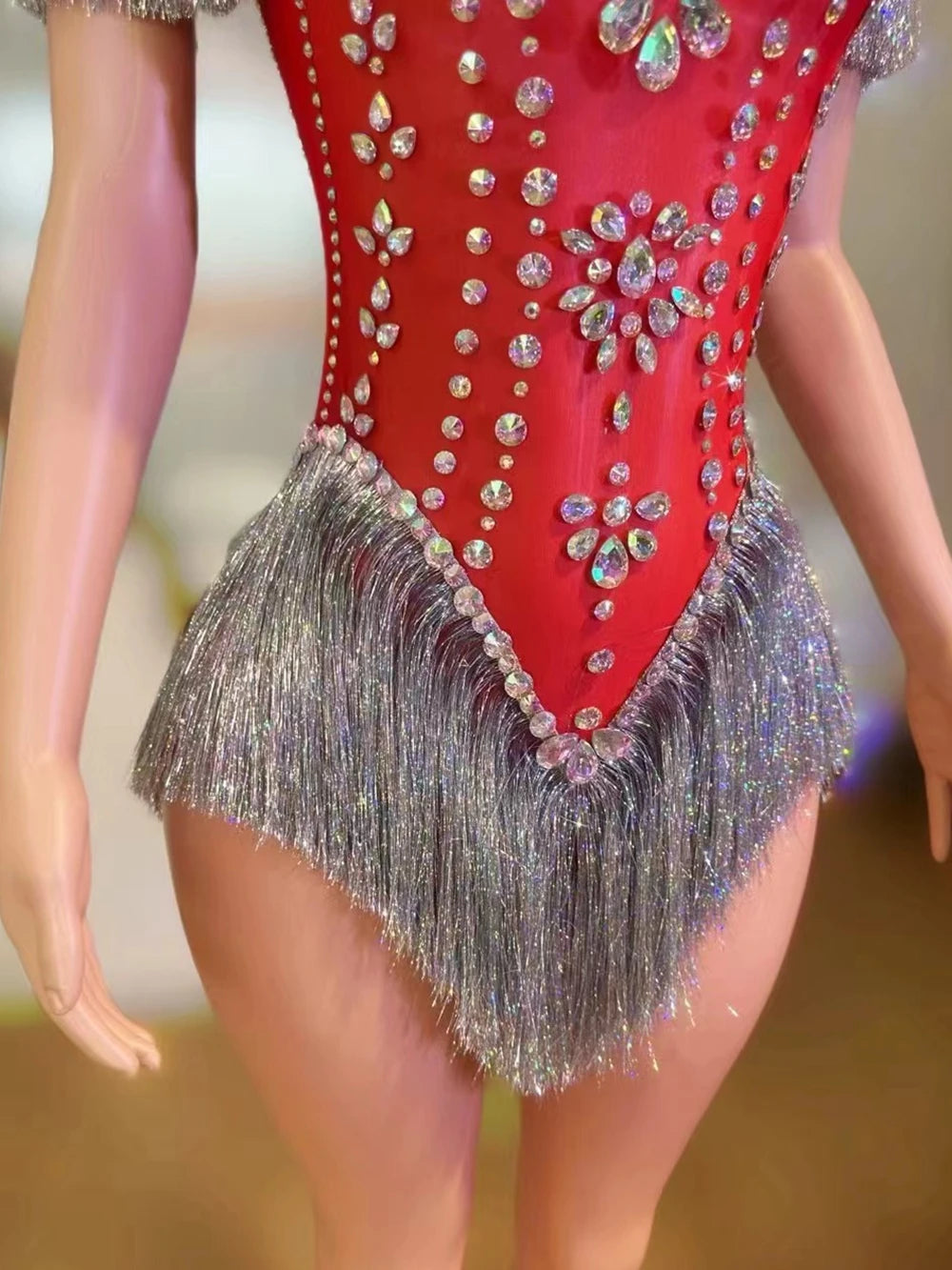 Sparkly Red Rhinestone & Tassel Sleeveless Bodysuit Dance Stage Costume