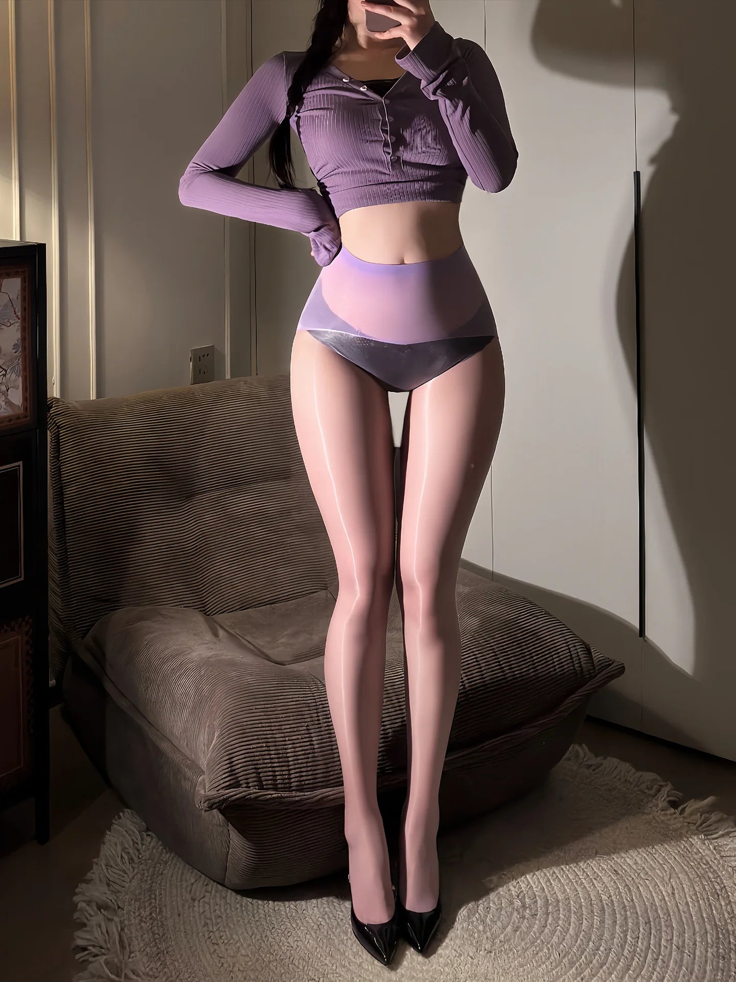 Sexy Women 5D Thin Seamless Elastic Oil Glossy Shiny Sockings Sheer See Through Tights Open Crotch Maid Shaping Pantyhose