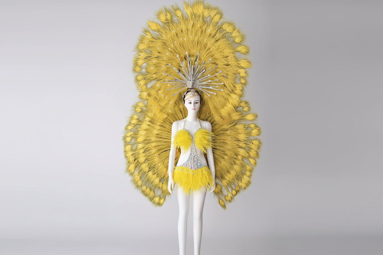 Showgirl Feather Backpiece with Rhinestone Burst Headdress Costume Set