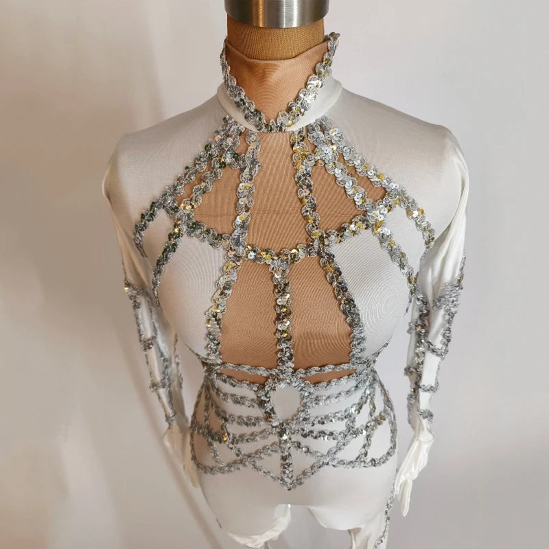 White Sequin Stretch Performance Jumpsuit