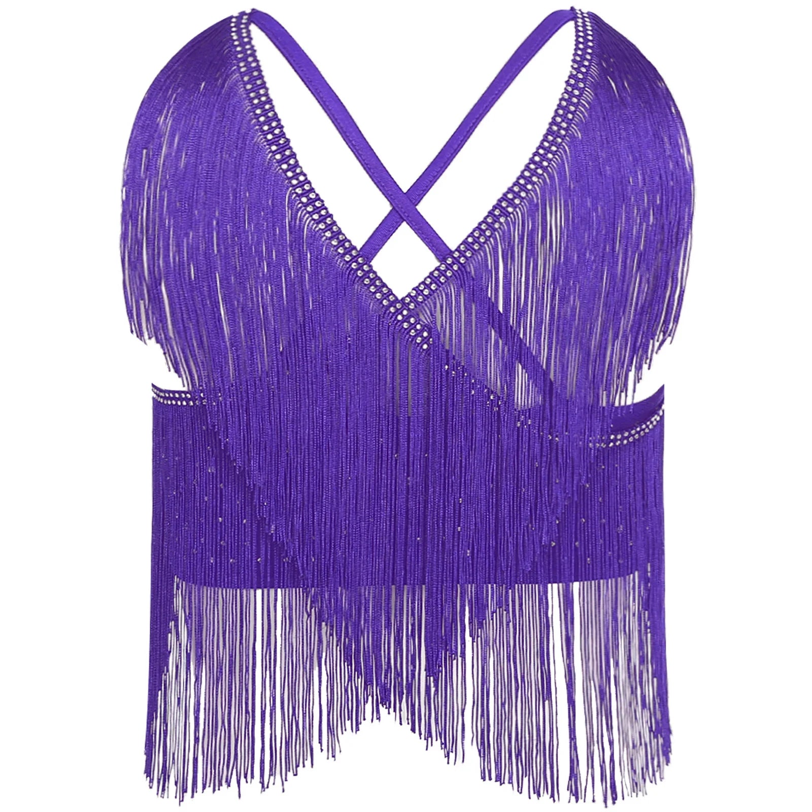 V-Neck Crisscross Back Tassel Fringe Crop Top Latin Salsa Dance Costume