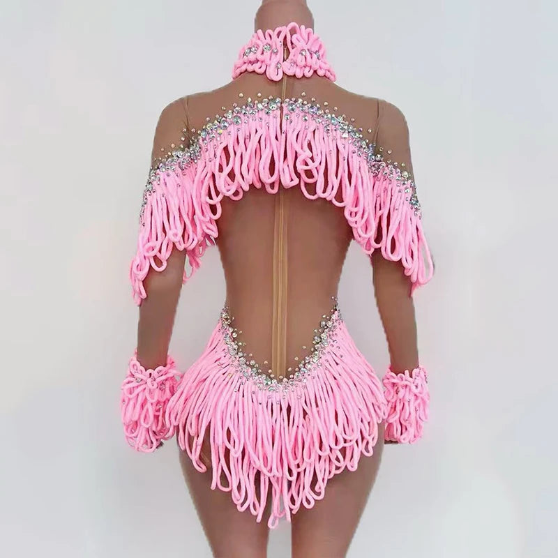 Pink Tassel Long-Sleeve Bodysuit Drag Queen & Gogo Stage Performance Costume