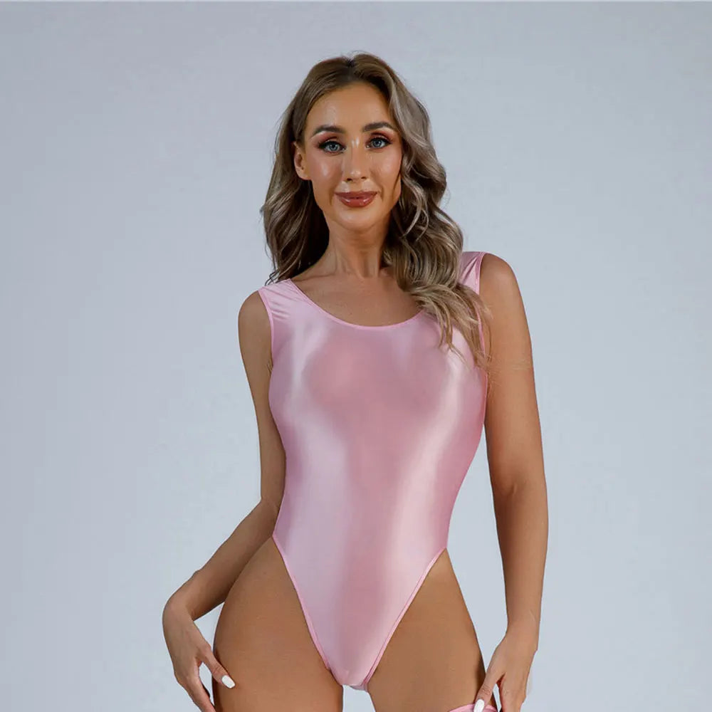 Backless High-Cut Oil Glossy Sheer Bodysuit & Matching Stockings Set