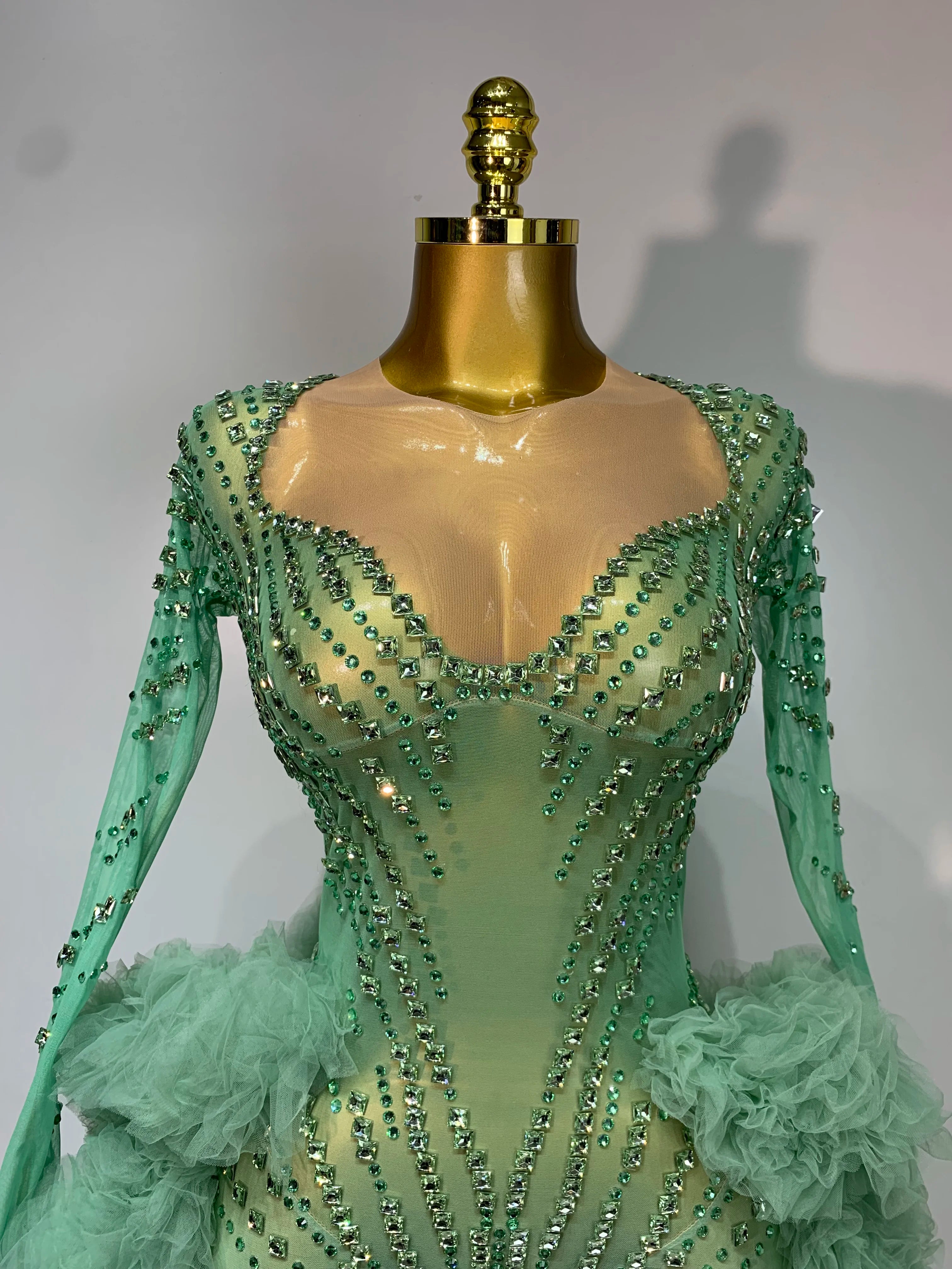 Luxury Green Diamonds Mesh See-Through Long Sleeve Jumpsuit Stage Performance Costume