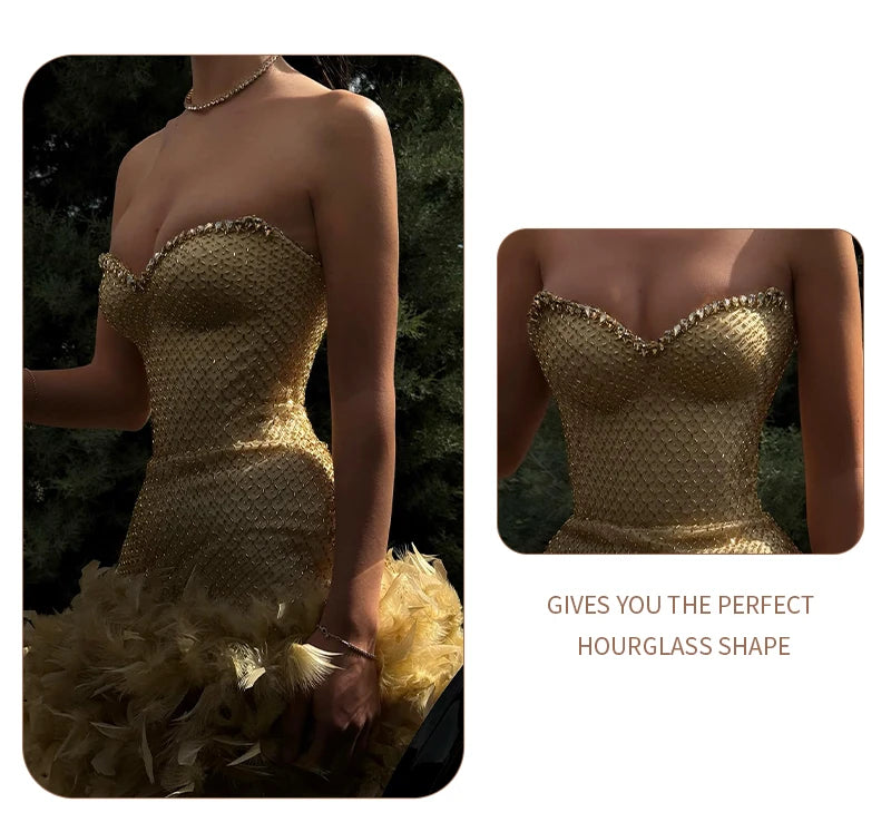 Gold Feather Trim Strapless Mini Dress