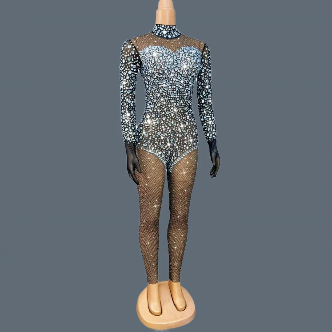 Silver Crystal Black Stocking Jumpsuit Drag Queen Nightclub Performer Catsuit