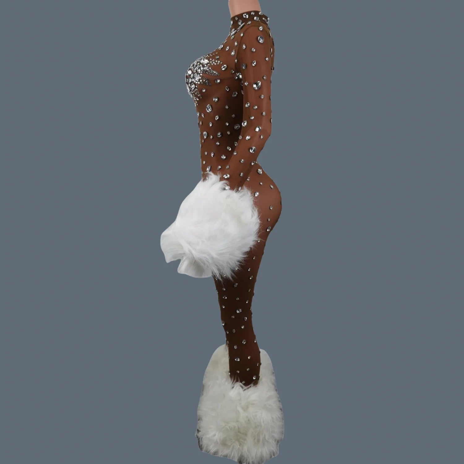 Sparkly Rhinestone & Feather Cuffed Jumpsuit Stage Performance Catsuit Costume