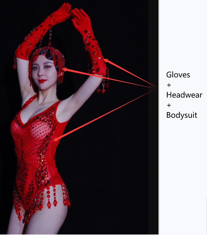 Sexy Nightclub Bar Gogo Dance Costume Red Rhinestones Fringe Mesh Bodysuit Gloves Performance Stage Wear Party Show Rave Outfits
