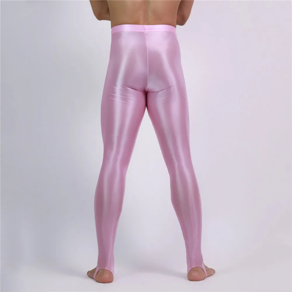 Men's Slim Tights Pencil Pants Stain Smooth  Oil Glossy Shiny Elastic Yoga Leggings Sheer See Through Full Pants Plus Size