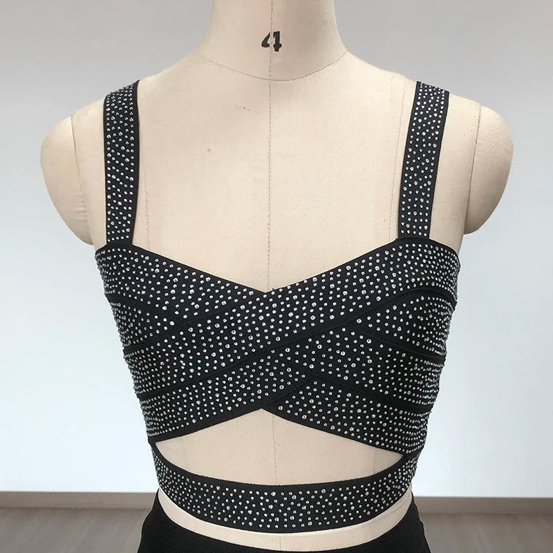 Black Crystal Strap Cutout Crop Top