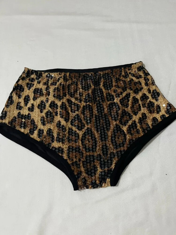 Sequined Top & High-Waist Leopard Print Shorts 2-Piece Gogo Dance Set